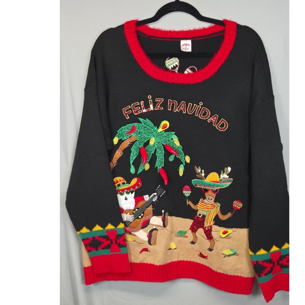 Ugly Sweater Feliz Navidad Guitar Santa Men's 1XL Tropical 3D Dangling Tamales